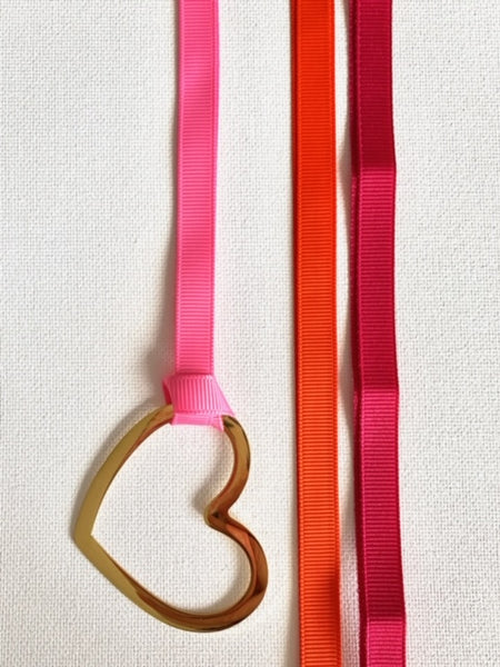 Gold Heart With Three Grosgrain Ribbons - Shocking Pink/Orange/Red