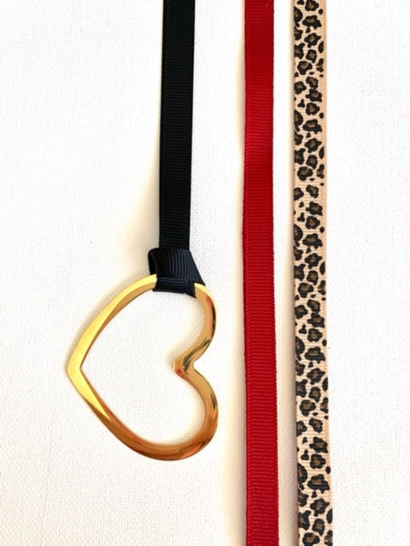 Gold Heart With Three Grosgrain Ribbons - Garnet/Leopard/Black
