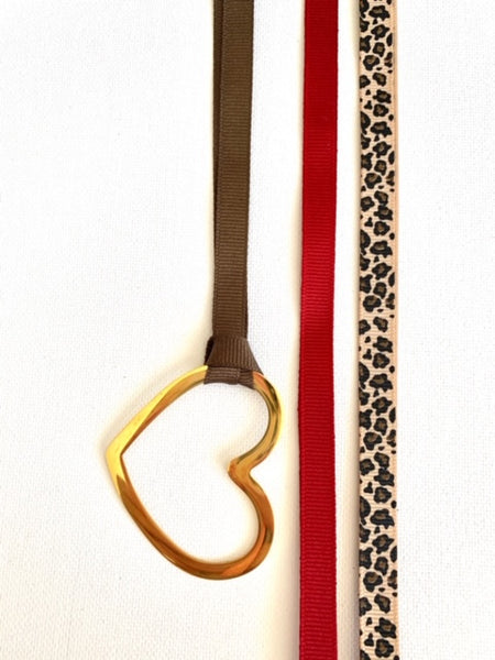 Gold Heart With Three Grosgrain Ribbons - Garnet/Leopard/Brown