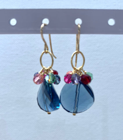 Swarovski Crystal Disk Dangle Earrings - Denim and Multi Color Crystals