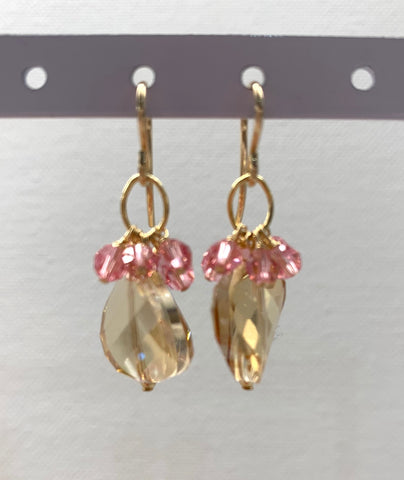 Swarovski Crystal Disk Dangle Earrings - Icy Beige and Pink