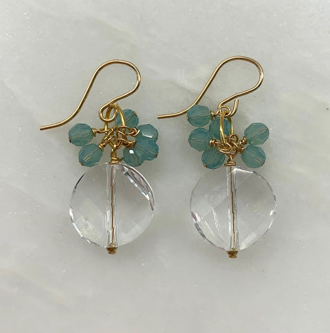 Swarovski Crystal Disk Dangle Earrings - Clear Crystal and Pacific Opal
