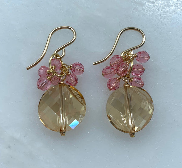 Swarovski Crystal Disk Dangle Earrings - Icy Beige and Pink