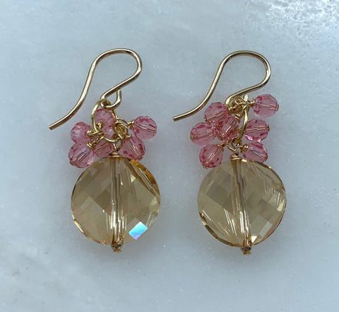 Swarovski Crystal Disk Dangle Earrings - Icy Beige and Pink