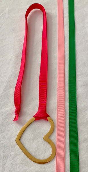 Gold Heart With Three Grosgrain Ribbons - Hot Pink Light Pink Kelly Green