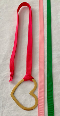 Gold Heart With Three Grosgrain Ribbons - Hot Pink Light Pink Kelly Green