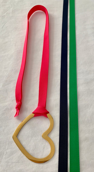 Gold Heart With Three Grosgrain Ribbons - Hot Pink/Kelly Green/Navy