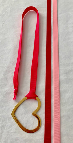 Gold Heart With Three Grosgrain Ribbons - Red/Hot Pink/Light Pink