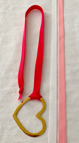 Gold Heart With Three Grosgrain Ribbons - Hot Pink/Light Pink/White