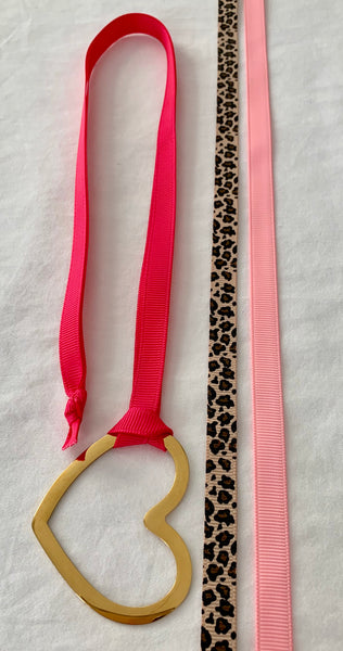 Gold Heart With Three Grosgrain Ribbons - Hot Pink/Leopard/Light Pink