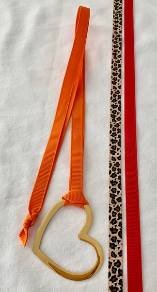 Gold Heart With Three Grosgrain Ribbons - Orange/Leopard/Red