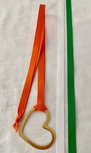 Gold Heart With Three Grosgrain Ribbons - Orange/White/Kelly Green
