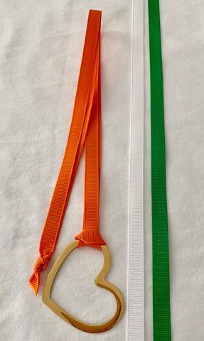 Gold Heart With Three Grosgrain Ribbons - Orange/White/Kelly Green