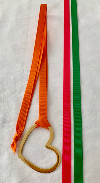 Gold Heart With Three Grosgrain Ribbons - Hot Pink/Orange/Kelly Green