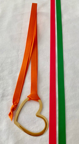 Gold Heart With Three Grosgrain Ribbons - Hot Pink/Orange/Kelly Green