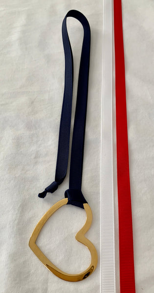 Gold Heart With Three Grosgrain Ribbons - Red/White/Navy Blue