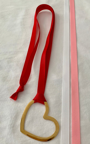 Gold Heart With Three Grosgrain Ribbons - Red/White/Light Pink