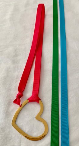 Gold Heart With Three Grosgrain Ribbons - Hot Pink/Kelly Green/Aqua