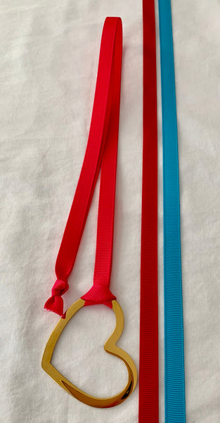 Gold Heart With Three Grosgrain Ribbons - Hot Pink/Red/Aqua