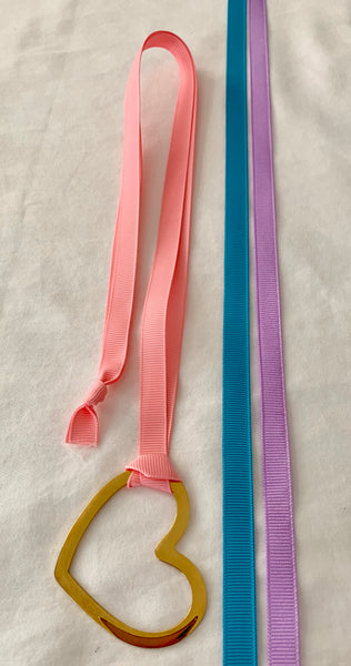 Gold Heart With Three Grosgrain Ribbons - Light Pink/Aqua/Lavender