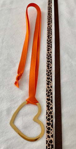 Gold Heart With Three Grosgrain Ribbons - Orange/Leopard/Brown