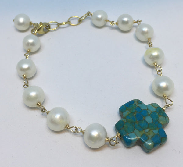 Freshwater Pearl Bracelet with Turquoise Cross