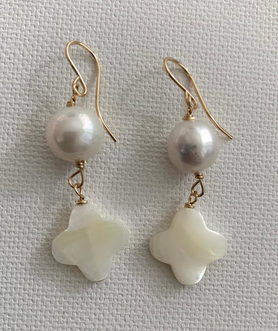 Freshwater Pearl and Mother of Pearl Clover Drop Earrings