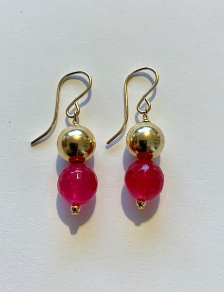 Watermelon Quartz and Gold Bead Drop Earrings