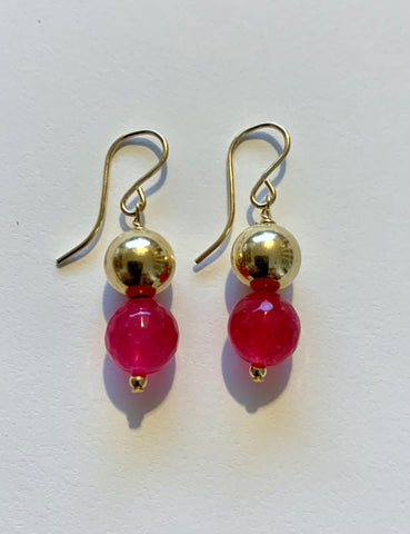 Watermelon Quartz and Gold Bead Drop Earrings