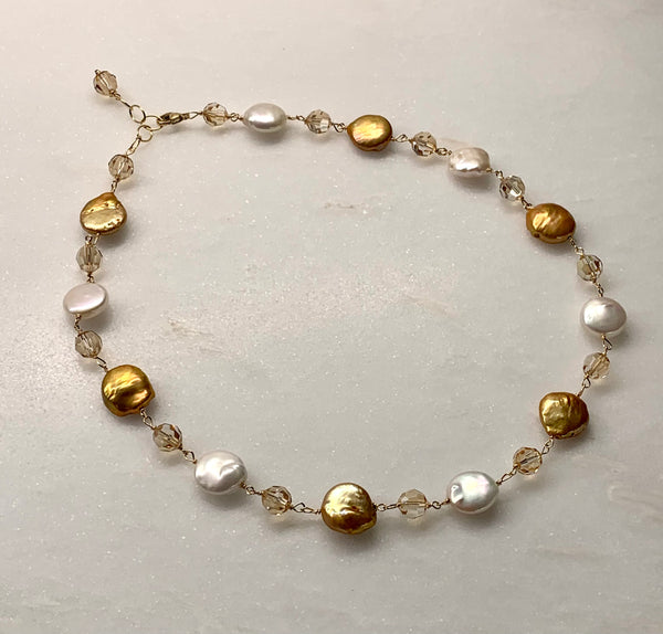 Gold and White Coin Pearl Necklace