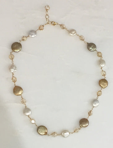 Necklace Freshwater Coin Pearls and Crystals