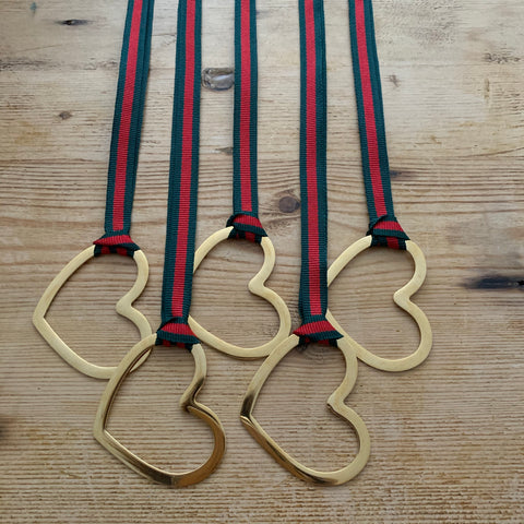 Gold Heart on Red and Green Striped Grosgrain Ribbon