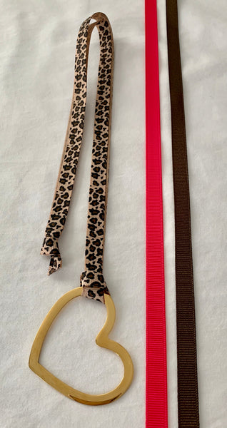 Gold Heart With Three Grosgrain Ribbons - Hot Pink/Leopard/Brown