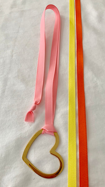 Gold Heart With Three Grosgrain Ribbons - Light Pink/Orange/Yellow