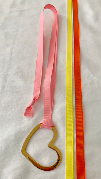 Gold Heart With Three Grosgrain Ribbons - Light Pink/Orange/Yellow